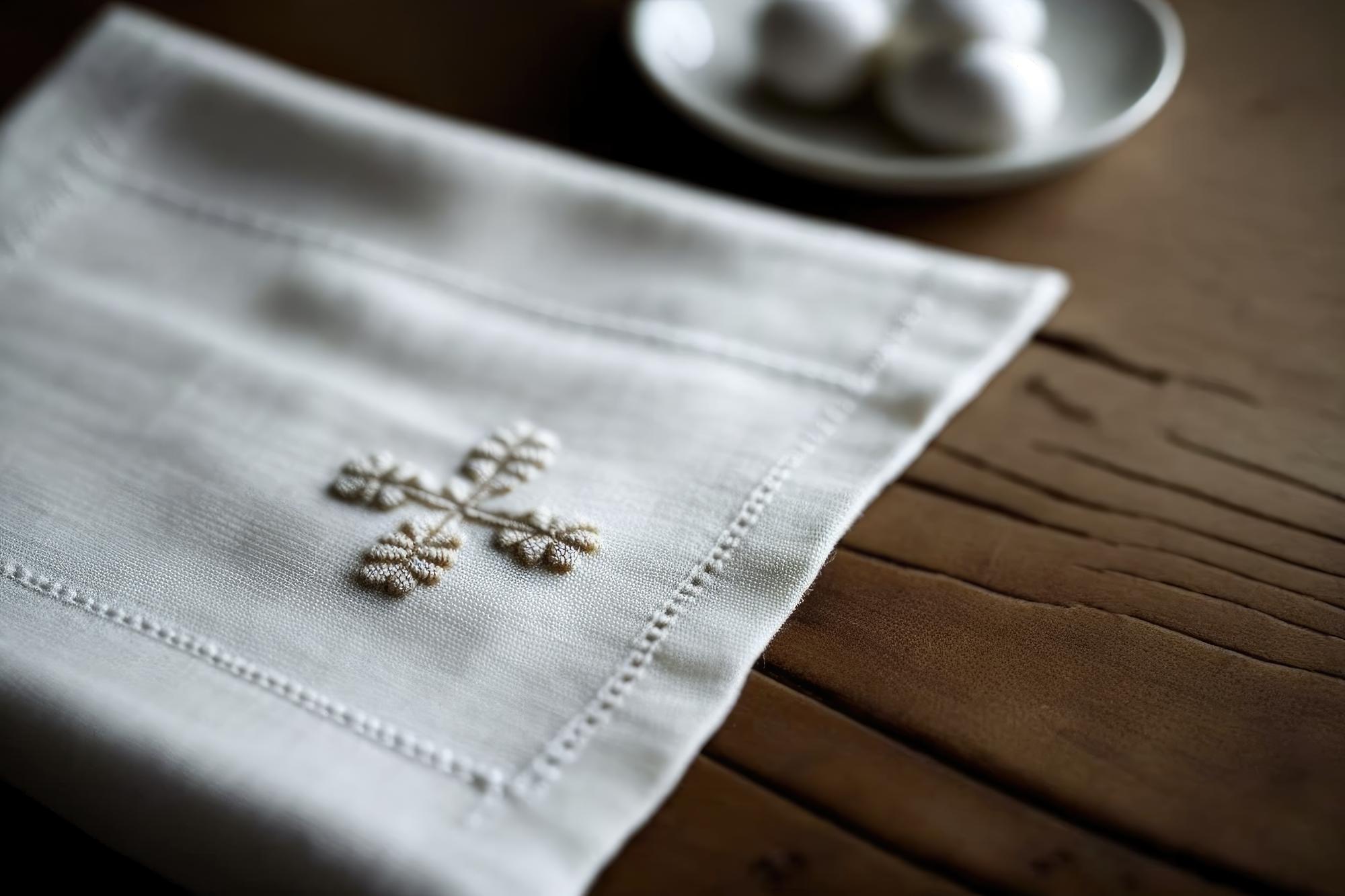 haft monogramu na lnianej serwetce